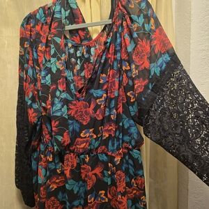 torrid Black Floral Maxi Dress with Lace Sleeves